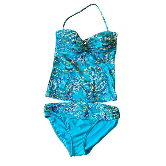 Lauren ralph lauren tropical beach club tankini bikini set paisley blue 10 large - Picture 2 of 8